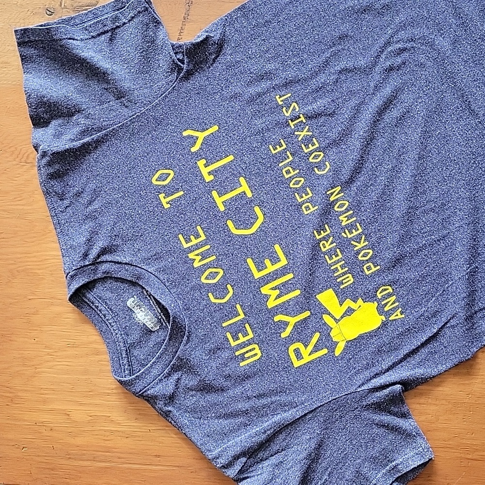 Detective Pikachu, heather gray blue t shirt, unisex small